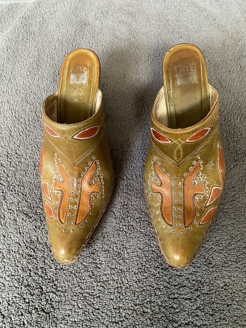 FRYE Olive Green and Brown Leather Studded Slip-On Mules